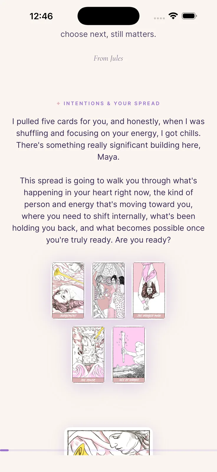 Your soulmate card spread in the Mystica app