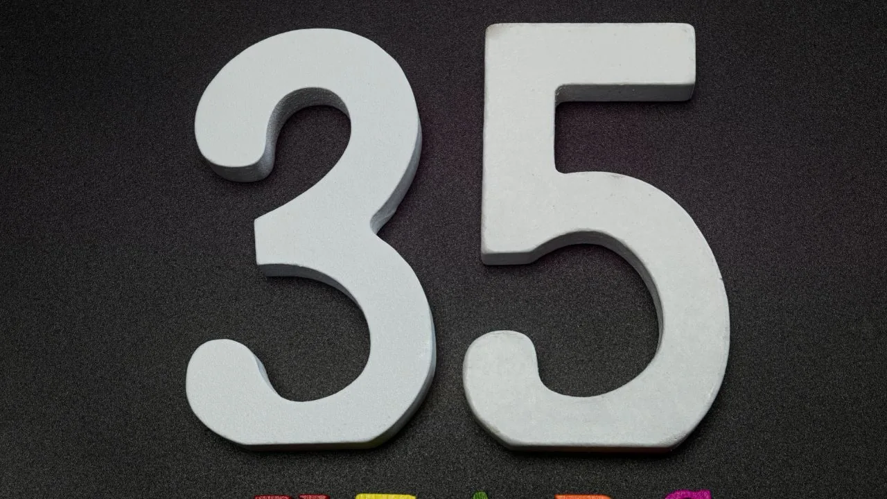 Number “35” written in white against a black background